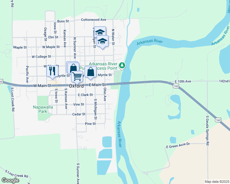 map of restaurants, bars, coffee shops, grocery stores, and more near Clark Street in Oxford
