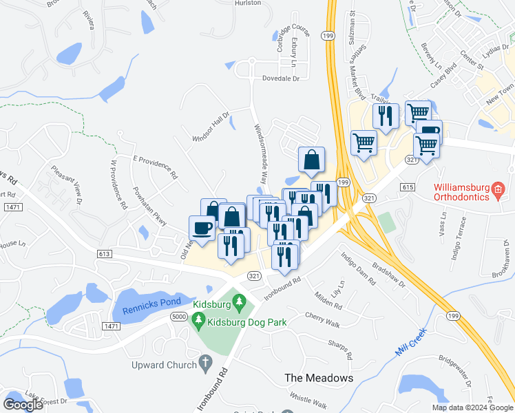map of restaurants, bars, coffee shops, grocery stores, and more near 4690 Old News Road in Williamsburg
