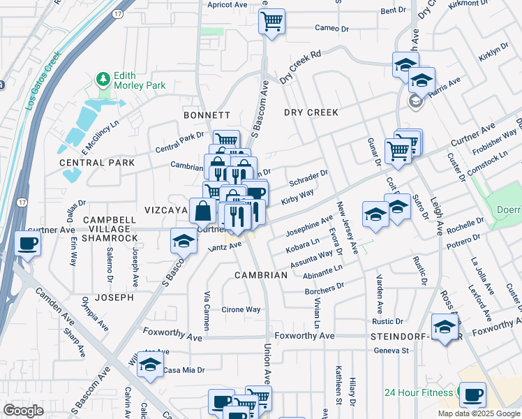 map of restaurants, bars, coffee shops, grocery stores, and more near 2655 Hocking Way in San Jose
