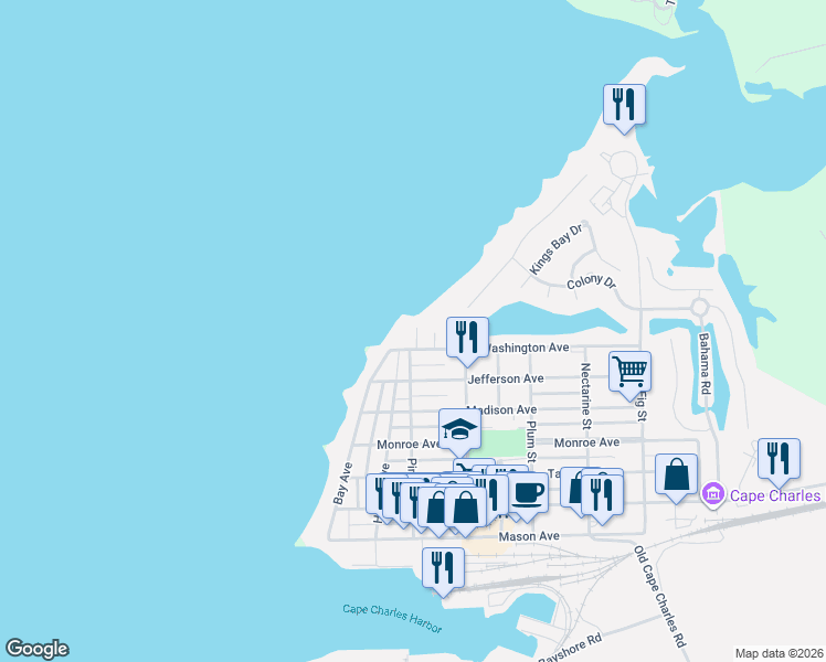 map of restaurants, bars, coffee shops, grocery stores, and more near 201 T-1106 in Cape Charles