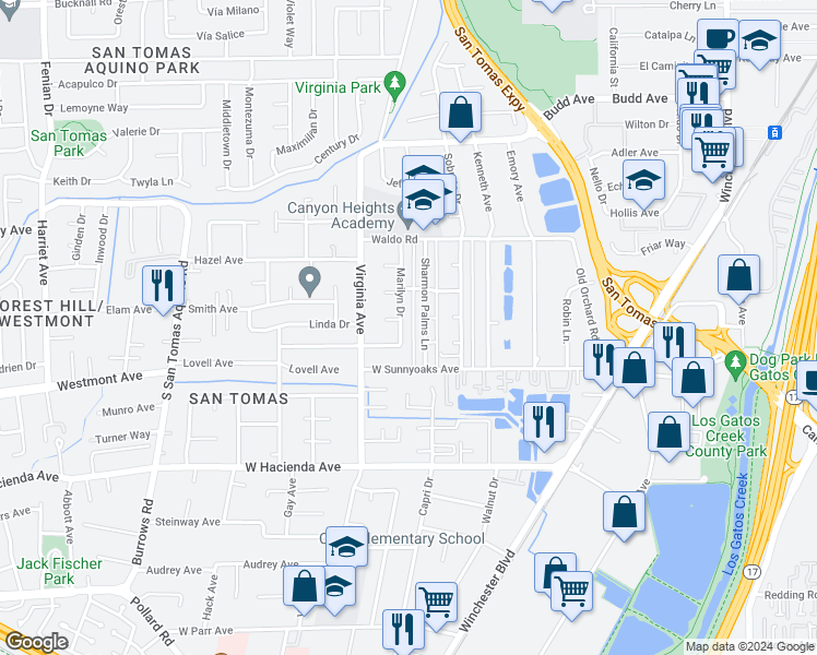map of restaurants, bars, coffee shops, grocery stores, and more near 908 Marilyn Drive in Campbell