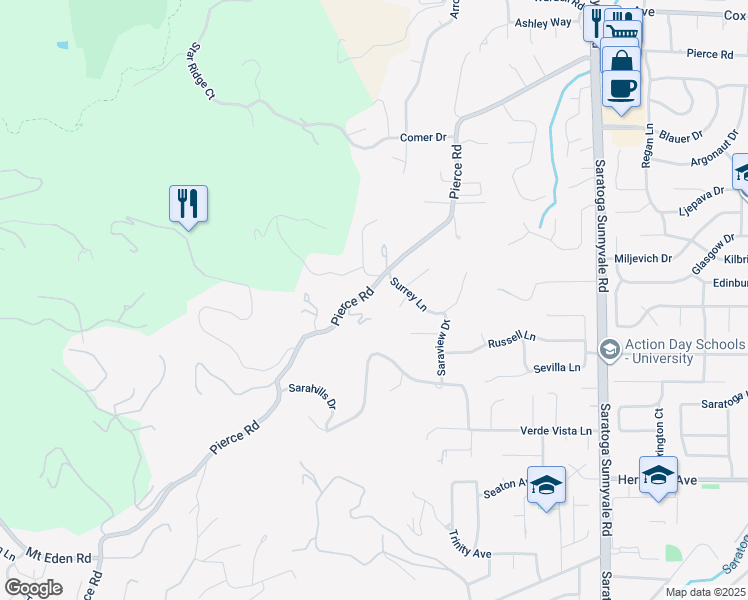 map of restaurants, bars, coffee shops, grocery stores, and more near 13398 Pierce Road in Saratoga