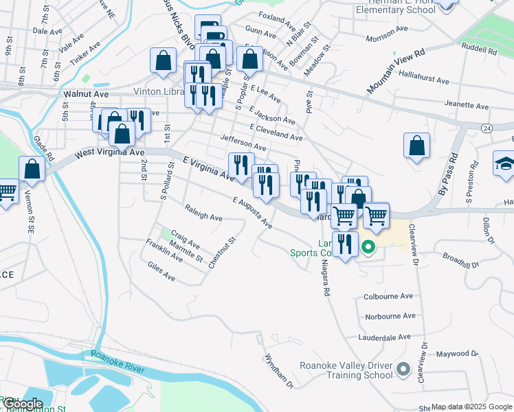 map of restaurants, bars, coffee shops, grocery stores, and more near 514 East Augusta Avenue in Vinton