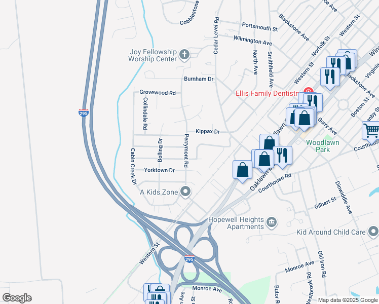 map of restaurants, bars, coffee shops, grocery stores, and more near 615 Perrymont Road in Hopewell