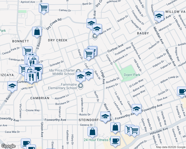 map of restaurants, bars, coffee shops, grocery stores, and more near 2666 Coit Drive in San Jose