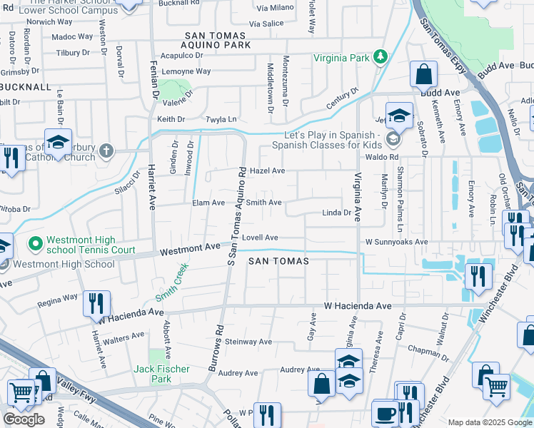 map of restaurants, bars, coffee shops, grocery stores, and more near 908 Kara Way in Campbell