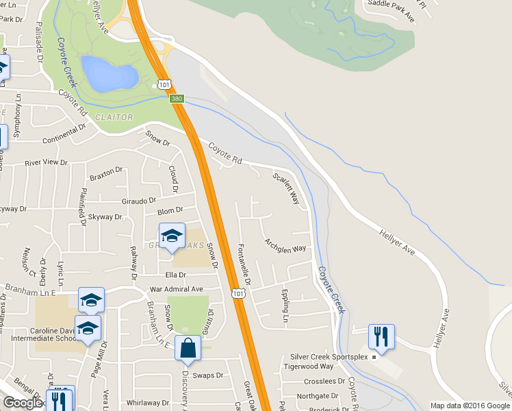 map of restaurants, bars, coffee shops, grocery stores, and more near 4986 Ruttner Place in San Jose
