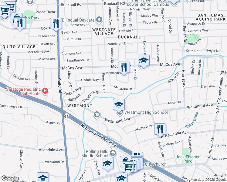 map of restaurants, bars, coffee shops, grocery stores, and more near 4965 Kingston Way in San Jose