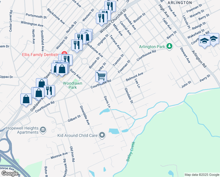 map of restaurants, bars, coffee shops, grocery stores, and more near 1400 Peterson Mill Road in Hopewell