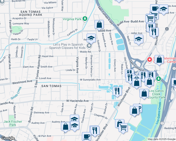 map of restaurants, bars, coffee shops, grocery stores, and more near 908 Marilyn Drive in Campbell