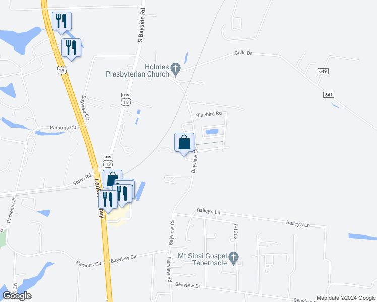 map of restaurants, bars, coffee shops, grocery stores, and more near 22816 Bayview Circle in Cape Charles