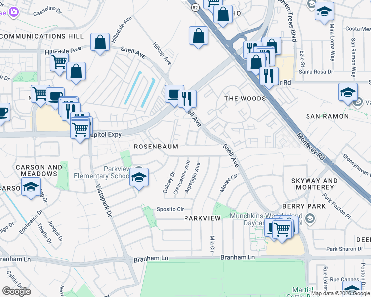 map of restaurants, bars, coffee shops, grocery stores, and more near 232 Truckee Lane in San Jose