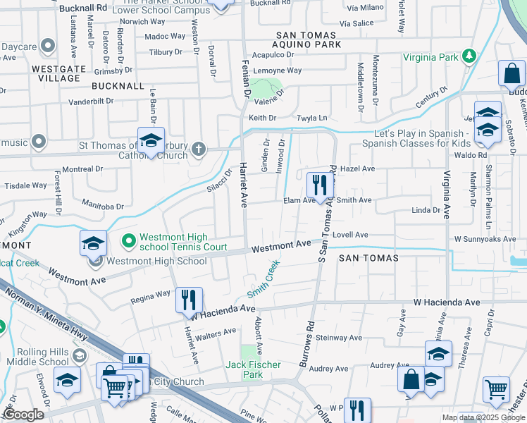 map of restaurants, bars, coffee shops, grocery stores, and more near 1460 Elam Avenue in Campbell