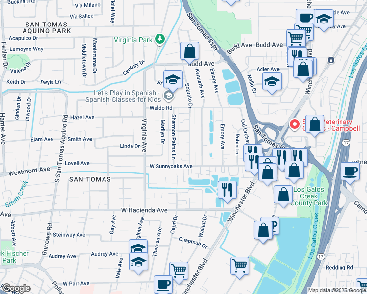 map of restaurants, bars, coffee shops, grocery stores, and more near 614 Beta Court in Campbell