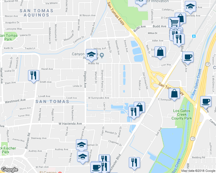 map of restaurants, bars, coffee shops, grocery stores, and more near 614 Beta Ct in Campbell