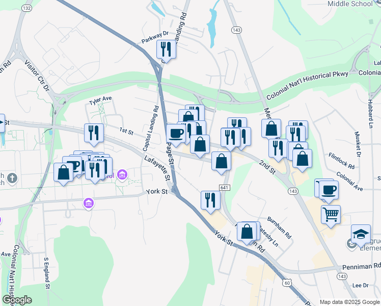 map of restaurants, bars, coffee shops, grocery stores, and more near 146 Penniman Road in Williamsburg