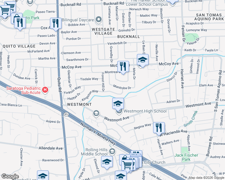 map of restaurants, bars, coffee shops, grocery stores, and more near 4965 Kingston Way in San Jose