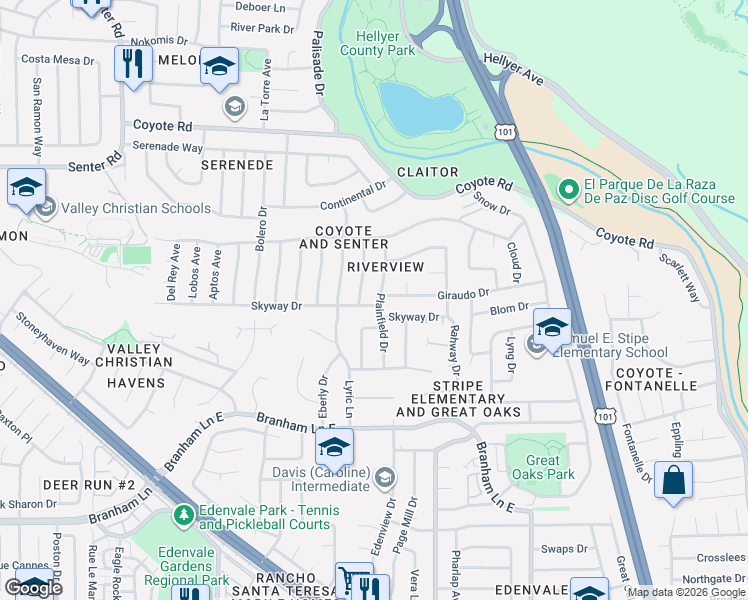 map of restaurants, bars, coffee shops, grocery stores, and more near 4791 Plainfield Drive in San Jose