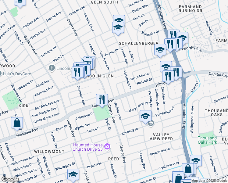 map of restaurants, bars, coffee shops, grocery stores, and more near 3118 Jenkins Avenue in San Jose