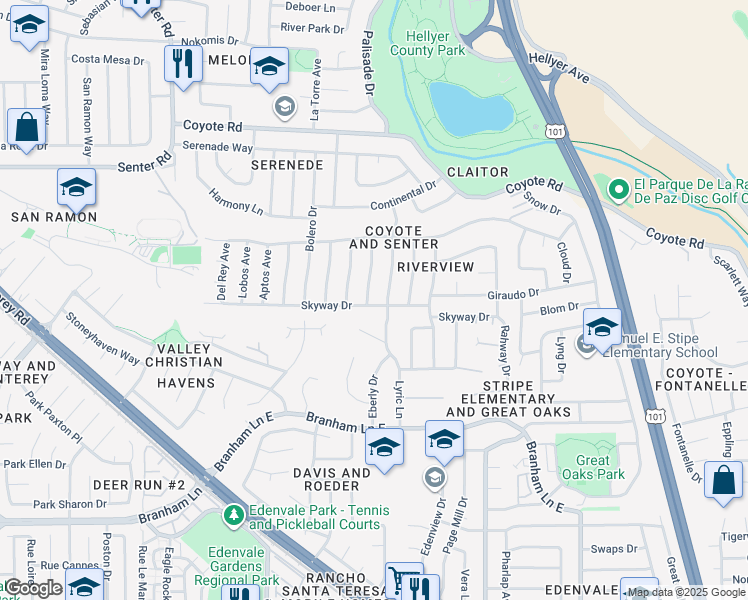 map of restaurants, bars, coffee shops, grocery stores, and more near 4744 Mendoza Avenue in San Jose