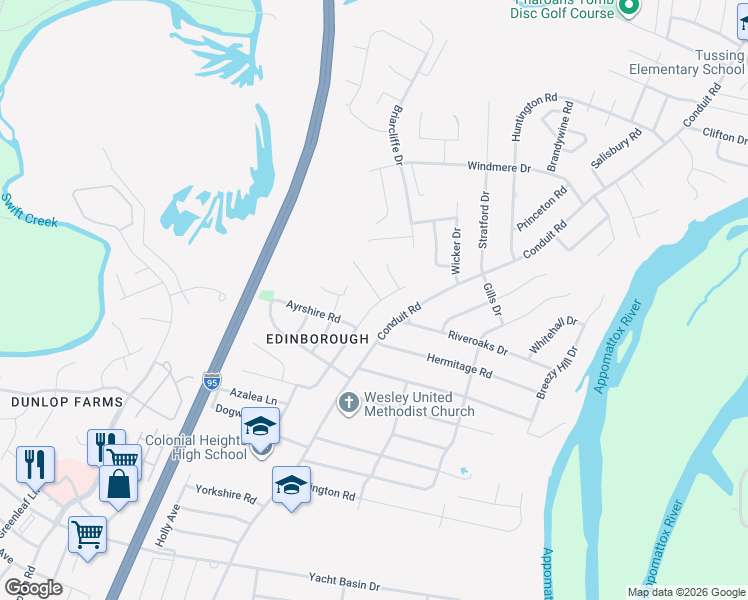 map of restaurants, bars, coffee shops, grocery stores, and more near 3900 Perthshire Lane in Colonial Heights