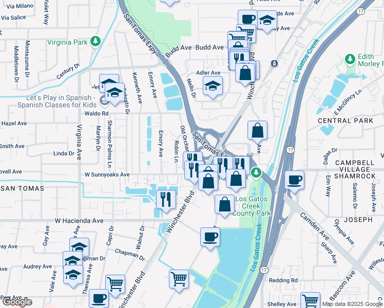map of restaurants, bars, coffee shops, grocery stores, and more near 900 Old Orchard Road in Campbell