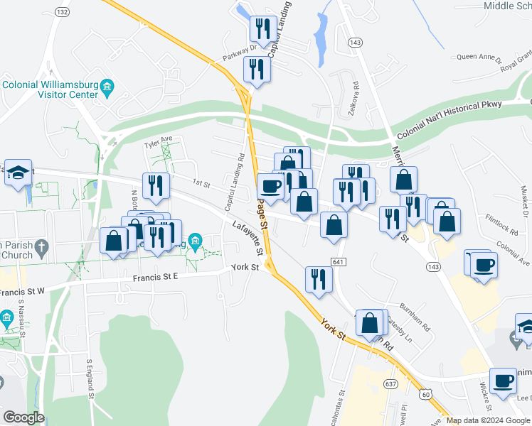 map of restaurants, bars, coffee shops, grocery stores, and more near 122 Penniman Road in Williamsburg
