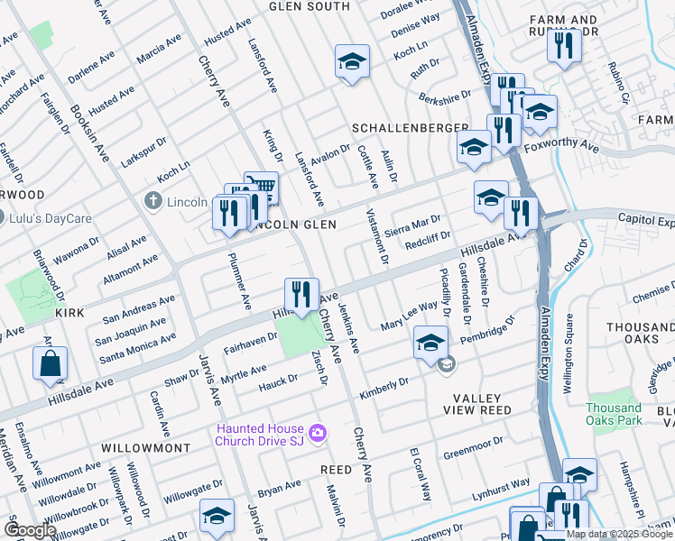 map of restaurants, bars, coffee shops, grocery stores, and more near 3118 Jenkins Avenue in San Jose