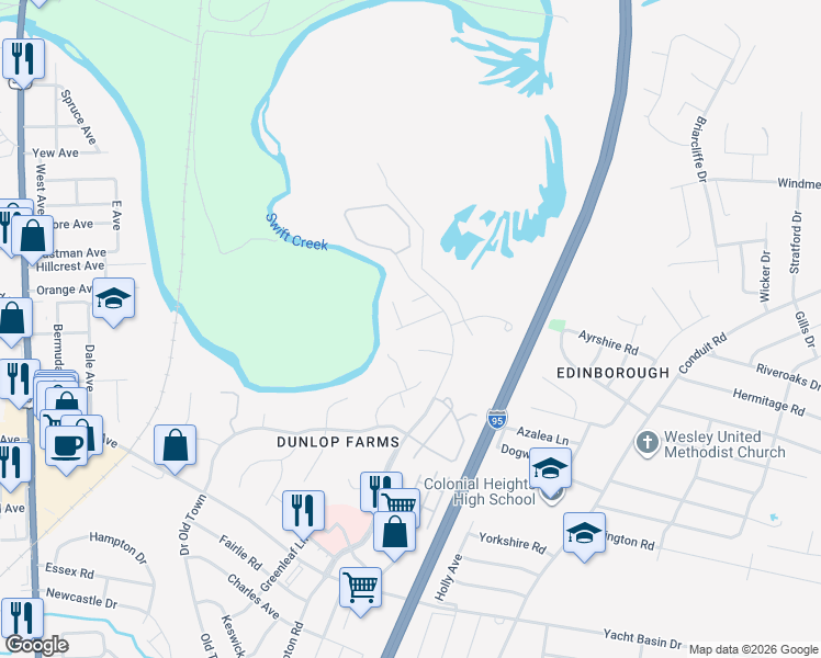 map of restaurants, bars, coffee shops, grocery stores, and more near 114 Gilcreff Place in Colonial Heights
