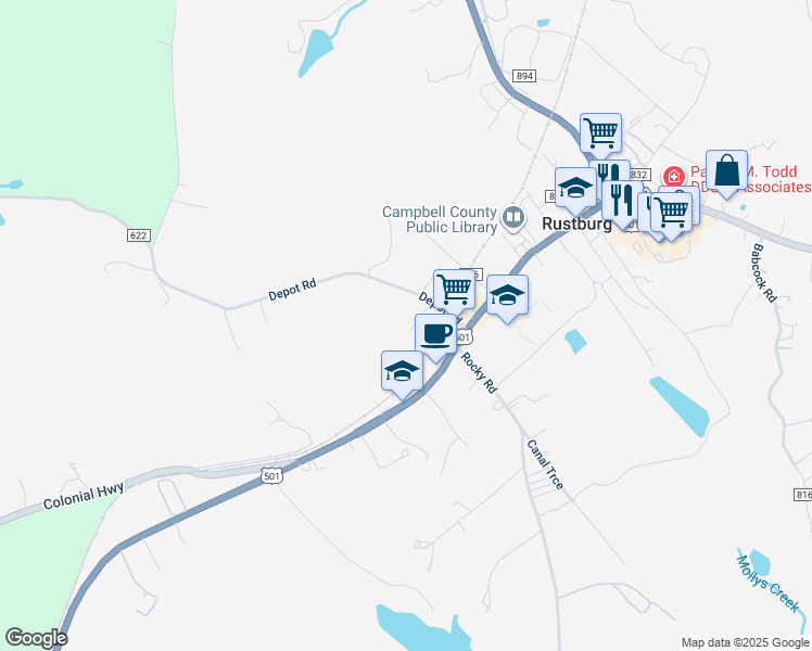 map of restaurants, bars, coffee shops, grocery stores, and more near 75 Withers Road in Rustburg