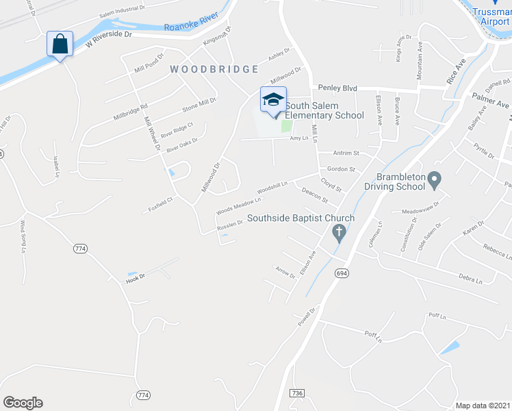 map of restaurants, bars, coffee shops, grocery stores, and more near 2677 Woods Meadow Lane in Salem
