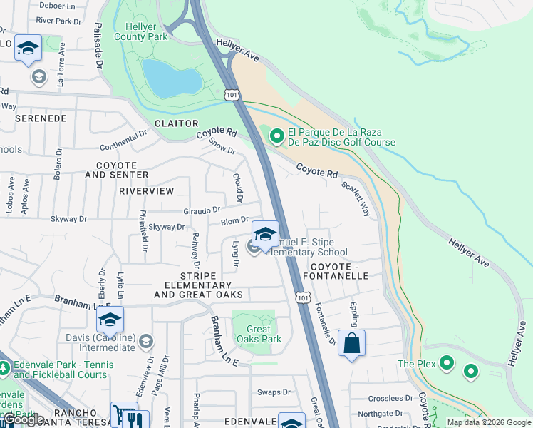 map of restaurants, bars, coffee shops, grocery stores, and more near 4936 Snow Drive in San Jose