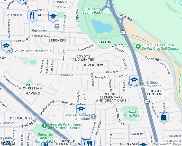 map of restaurants, bars, coffee shops, grocery stores, and more near 560 Giraudo Drive in San Jose