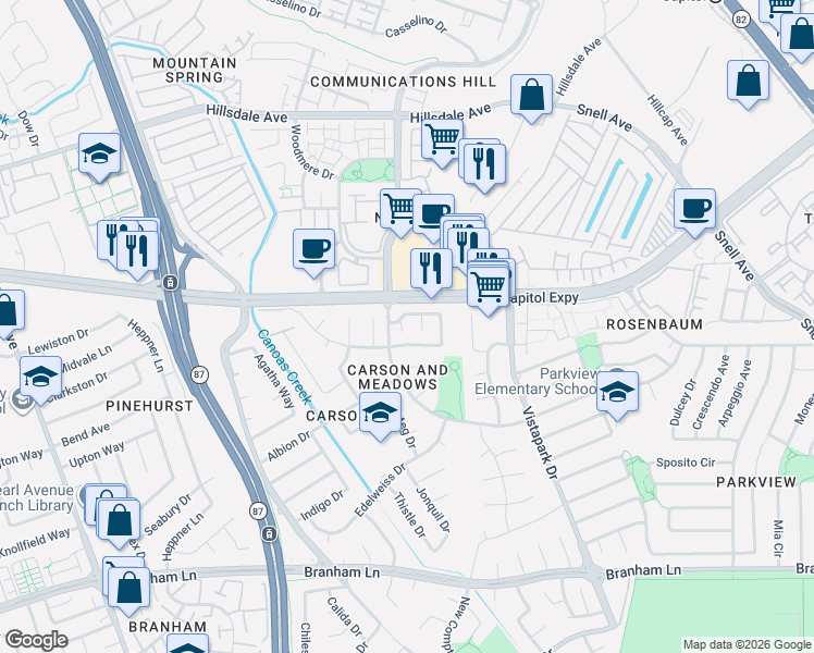 map of restaurants, bars, coffee shops, grocery stores, and more near 3920 Jerabek Court in San Jose