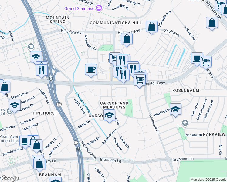 map of restaurants, bars, coffee shops, grocery stores, and more near 3920 Jerabek Court in San Jose