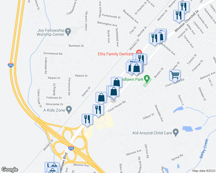 map of restaurants, bars, coffee shops, grocery stores, and more near 3805 Woodlawn Street in Hopewell