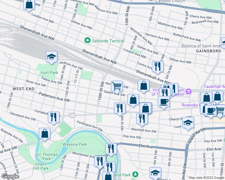 map of restaurants, bars, coffee shops, grocery stores, and more near 905 Salem Avenue Southwest in Roanoke