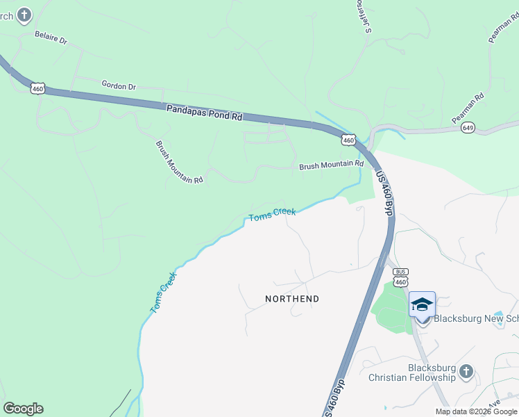 map of restaurants, bars, coffee shops, grocery stores, and more near 277 Brush Mountain Road in Blacksburg