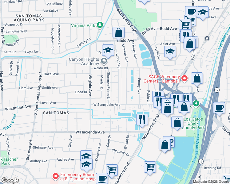 map of restaurants, bars, coffee shops, grocery stores, and more near 614 Beta Court in Campbell