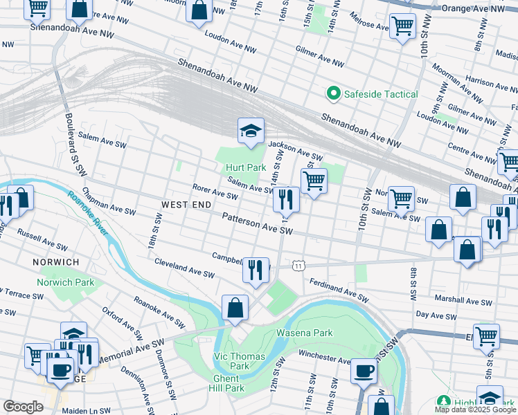 map of restaurants, bars, coffee shops, grocery stores, and more near 1406 Rorer Avenue Southwest in Roanoke
