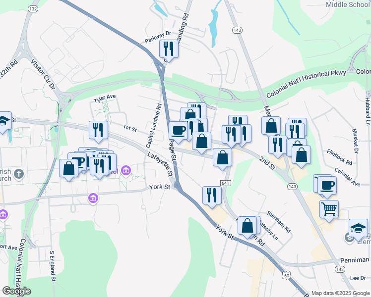 map of restaurants, bars, coffee shops, grocery stores, and more near 146 Penniman Road in Williamsburg
