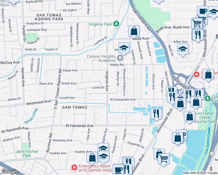 map of restaurants, bars, coffee shops, grocery stores, and more near 906 Virginia Avenue in Campbell