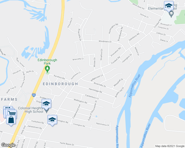 map of restaurants, bars, coffee shops, grocery stores, and more near 4509 Conduit Road in Colonial Heights