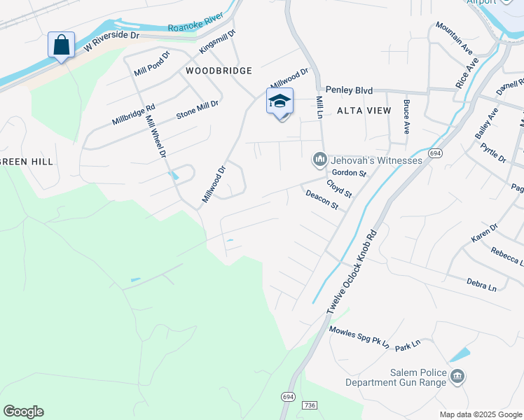 map of restaurants, bars, coffee shops, grocery stores, and more near 2677 Woods Meadow Lane in Salem