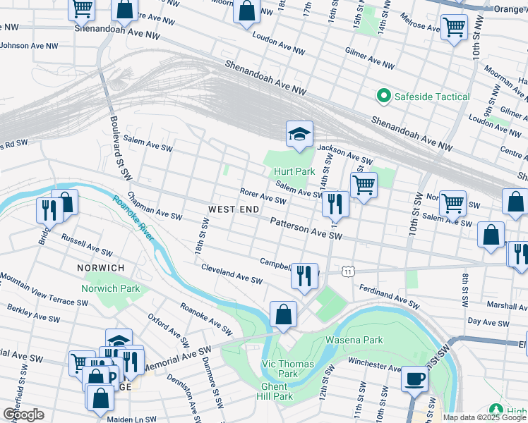 map of restaurants, bars, coffee shops, grocery stores, and more near 1529 Patterson Avenue Southwest in Roanoke