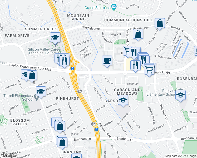 map of restaurants, bars, coffee shops, grocery stores, and more near 657 Yolo Court in San Jose