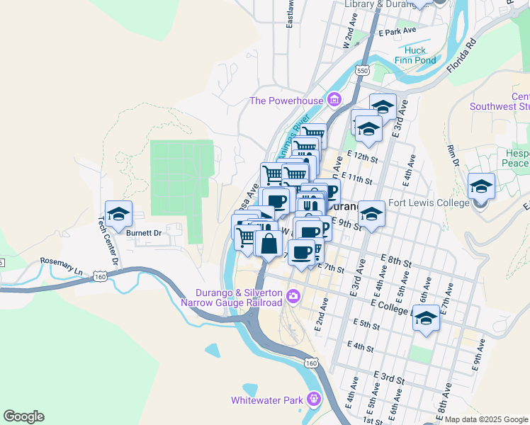 map of restaurants, bars, coffee shops, grocery stores, and more near 800 Camino Del Rio in Durango
