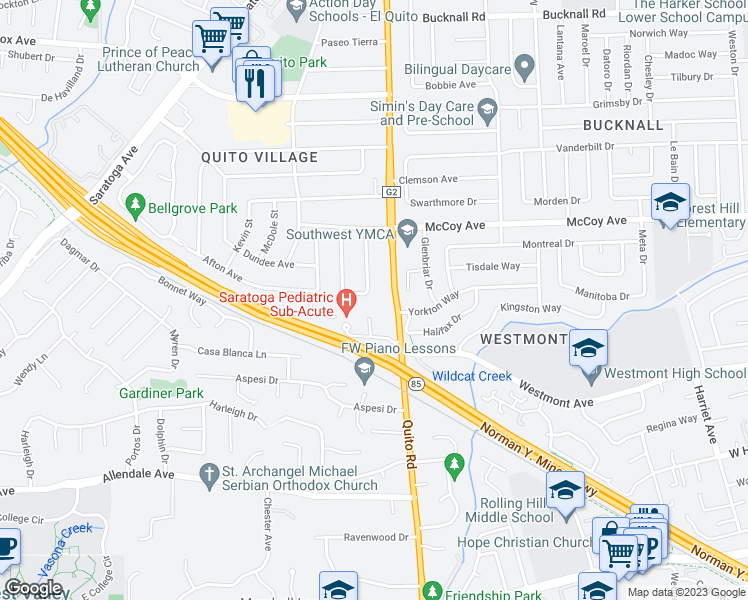 map of restaurants, bars, coffee shops, grocery stores, and more near 13349 McCulloch Avenue in Saratoga