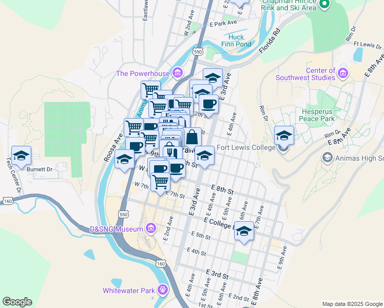 map of restaurants, bars, coffee shops, grocery stores, and more near in Durango