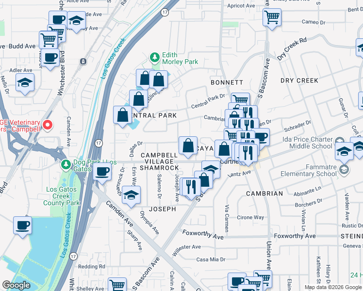 map of restaurants, bars, coffee shops, grocery stores, and more near 940 Stonehurst Way in Campbell